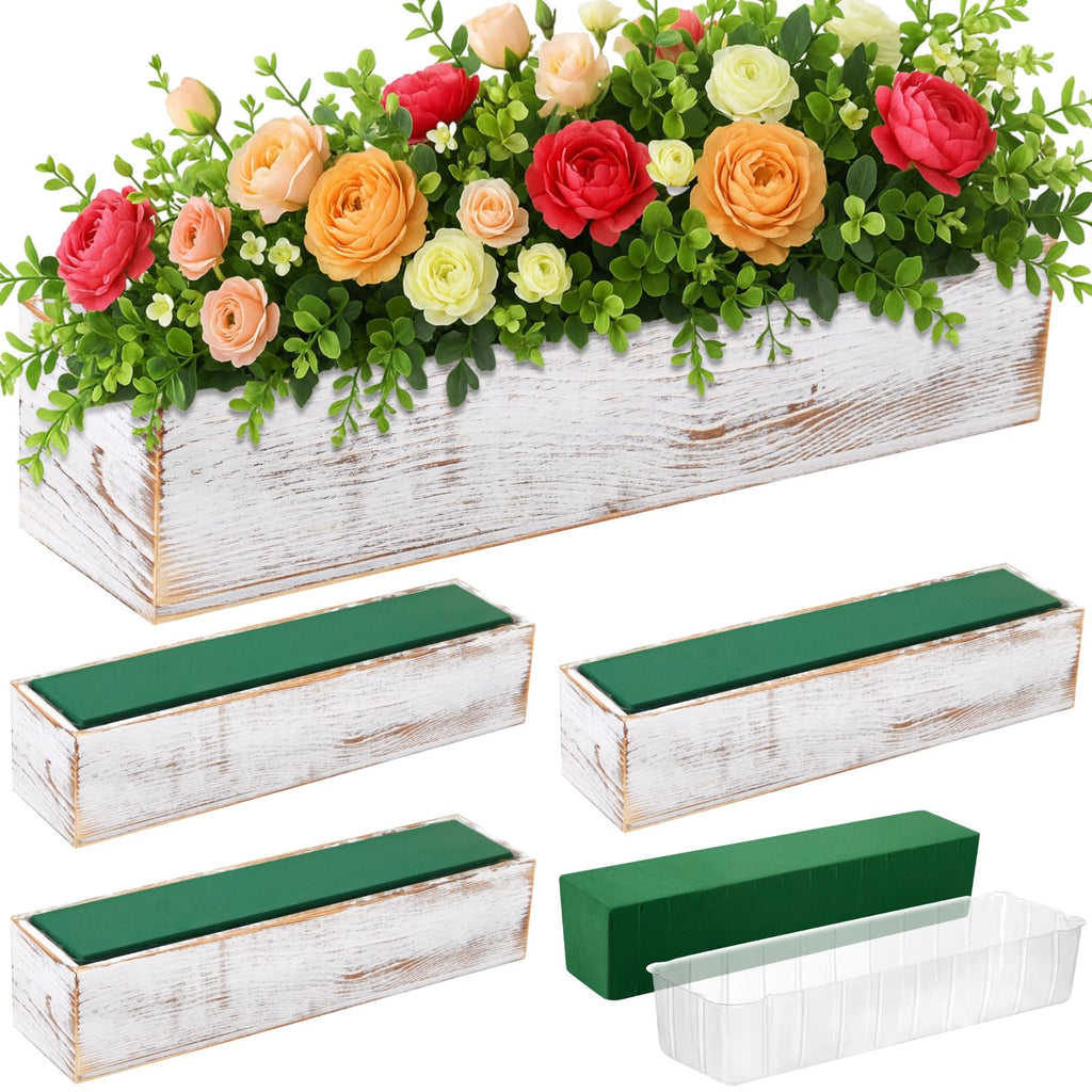 Set of 2 White 16x4 Inch Rustic Rectangle Wooden Planter Boxes with Plastic Liners Floral Foam for Wedding Christmas Home Garden Centerpiece Decor
