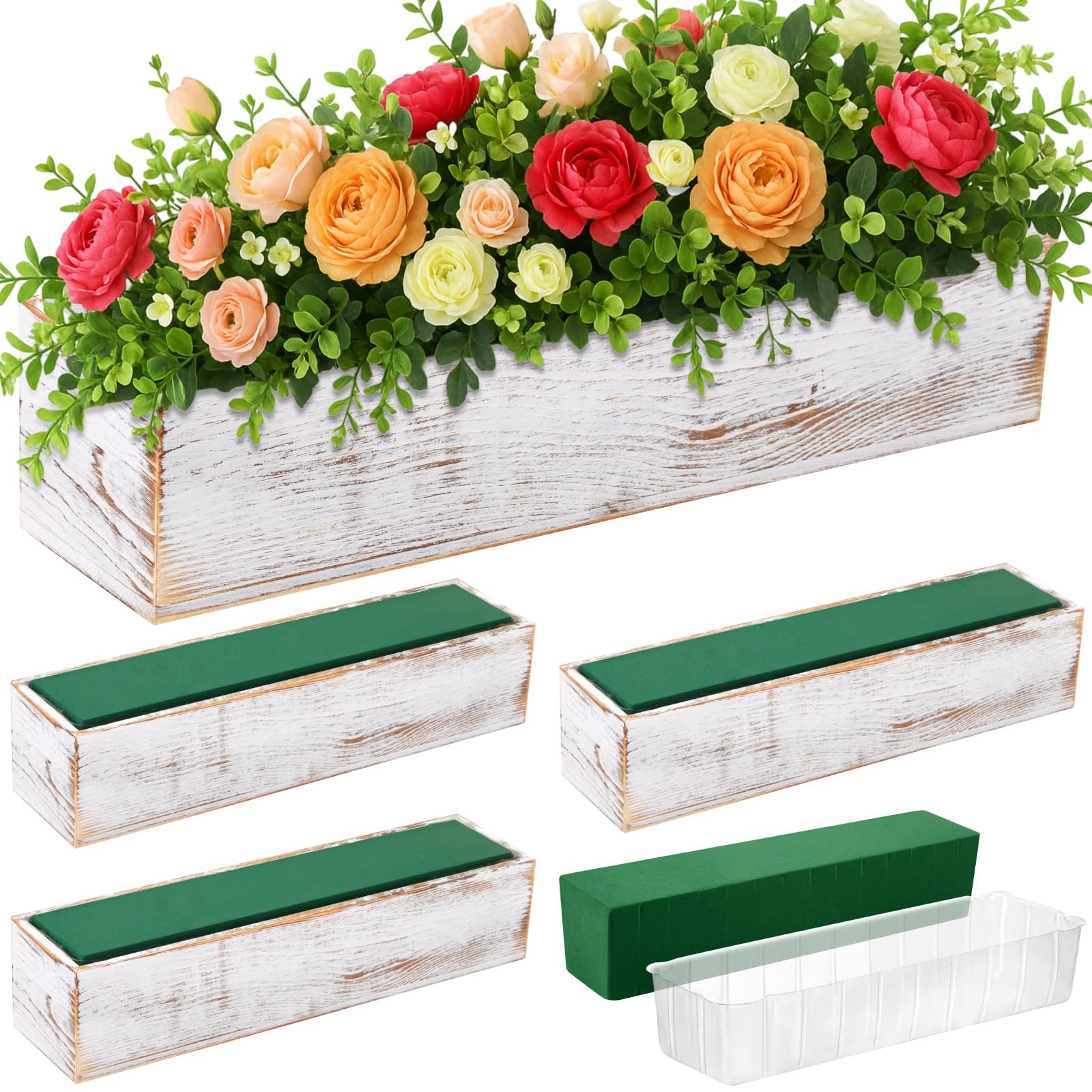 Set of 2 White 16x4 Inch Rustic Rectangle Wooden Planter Boxes with Plastic Liners Floral Foam for Wedding Christmas Home Garden Centerpiece Decor