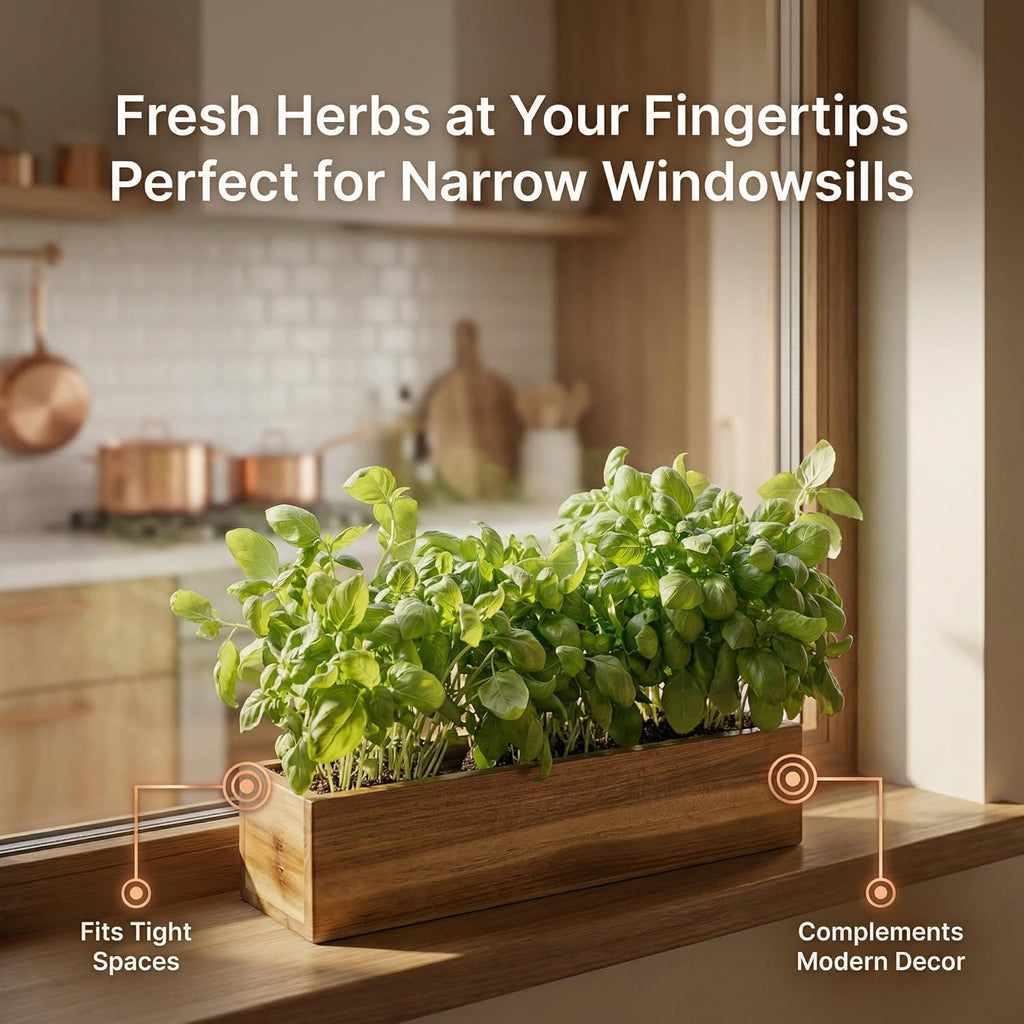 zaqro Indoor Planter Box Set of 2-17” x 4” Small Acacia Wood Window Sill Herb Planters - Rectangular Wooden Centerpiece Boxes with Liners - No Drain Holes - for Kitchen Tabletop Countertop