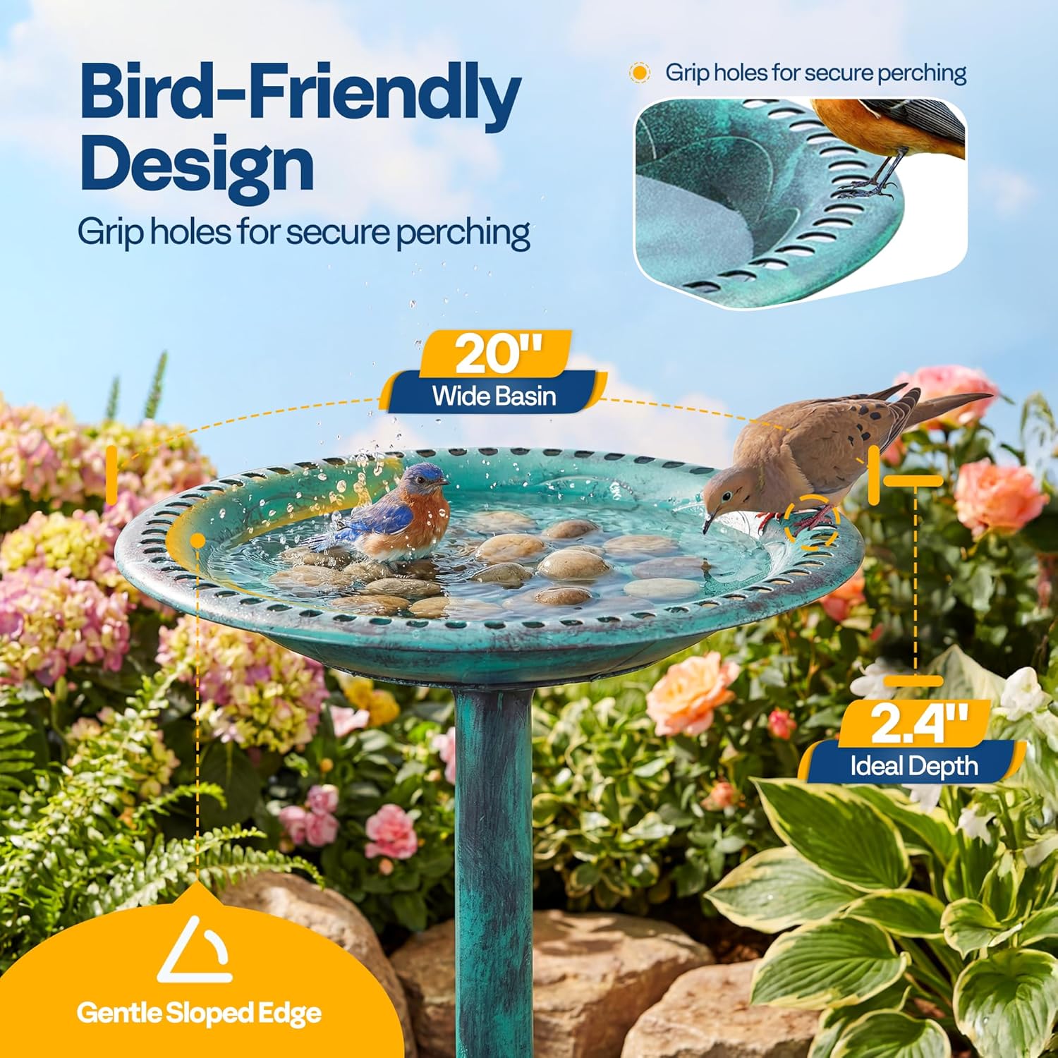 VIVOHOME Bird Bath for Outside, Polyresin Pedestal Bird Baths for Outdoor, Garden, 28 Inch Height Weather-Resistant Birdbaths with 20" Bowl, Green
