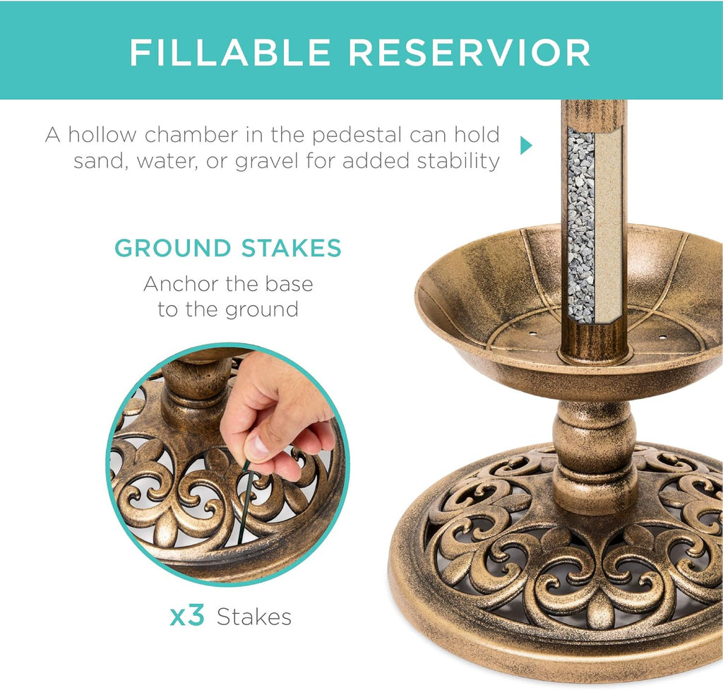 Best Choice Products Outdoor Solar Lighted Pedestal Bird Bath Fountain Decoration w/Planter, Integrated Panel, Scroll Accents for Lawn, Garden - Bronze