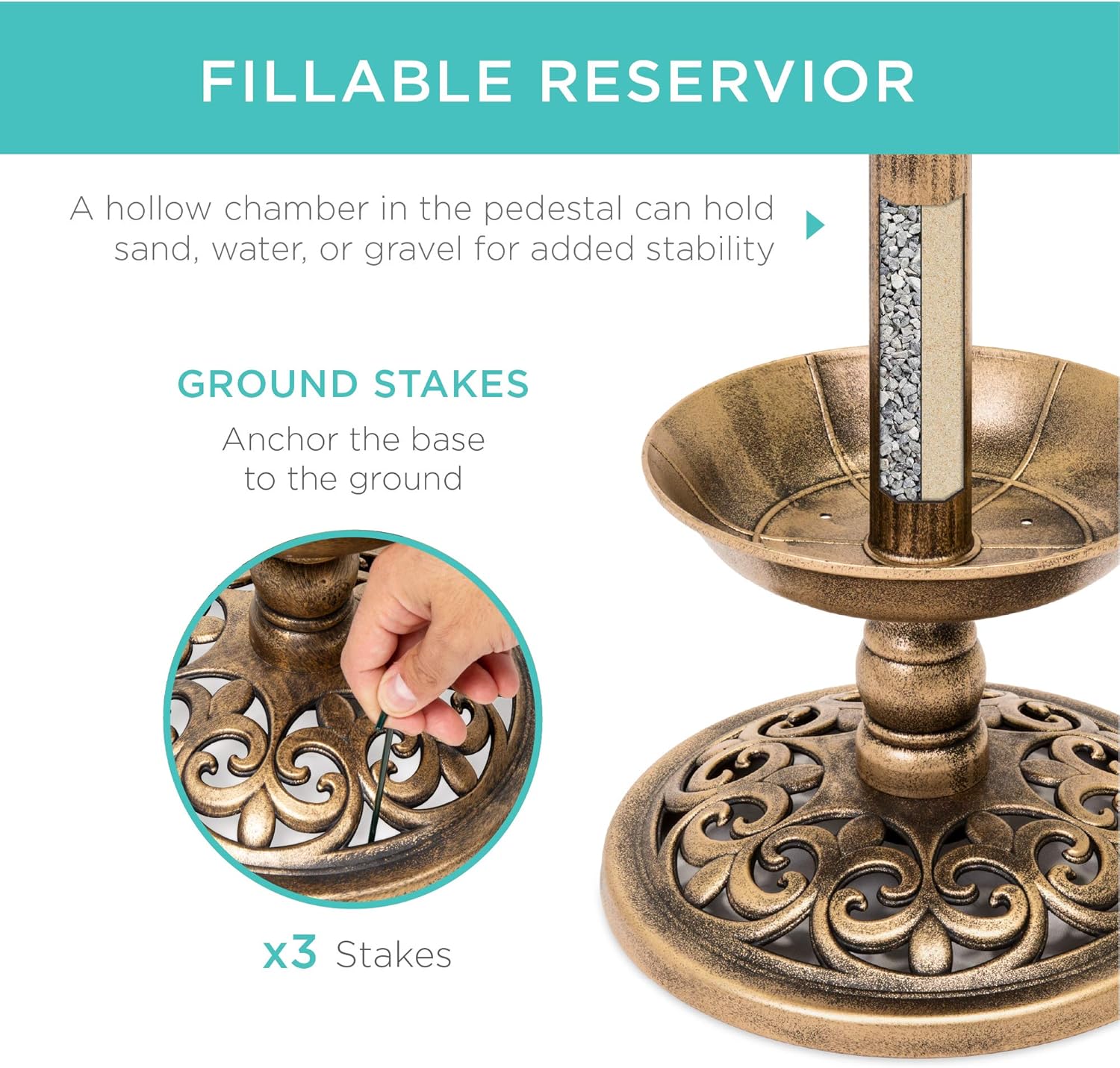 Best Choice Products Outdoor Solar Lighted Pedestal Bird Bath Fountain Decoration w/Planter, Integrated Panel, Scroll Accents for Lawn, Garden - Bronze