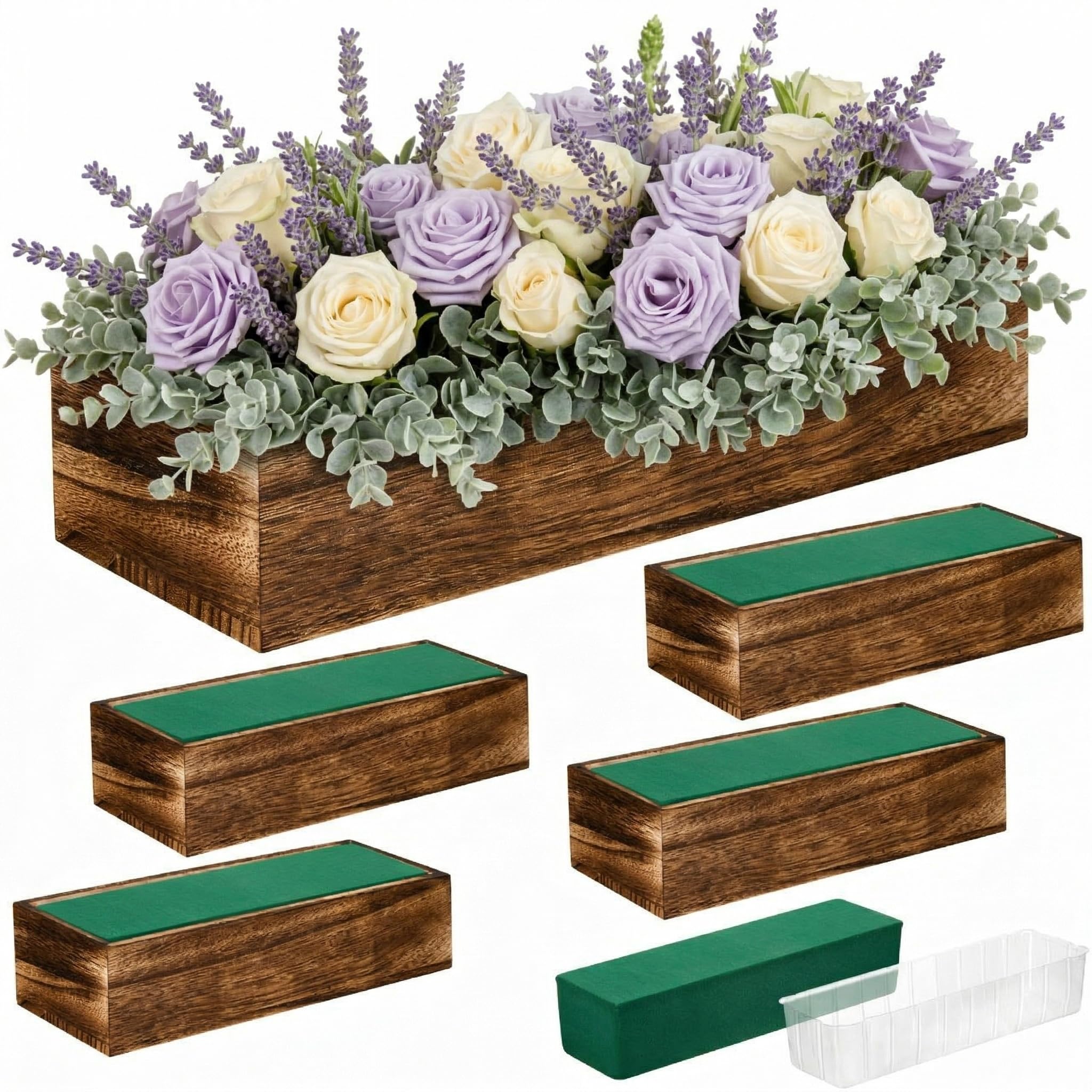 Dandat 2 Set Wood Boxes for Centerpieces 16x4 Inch Rectangle Wooden Planter Box Rustic Wood Planter with Removable Plastic Liner Floral Foam Blocks for Centerpieces Home Wedding Garden Decor