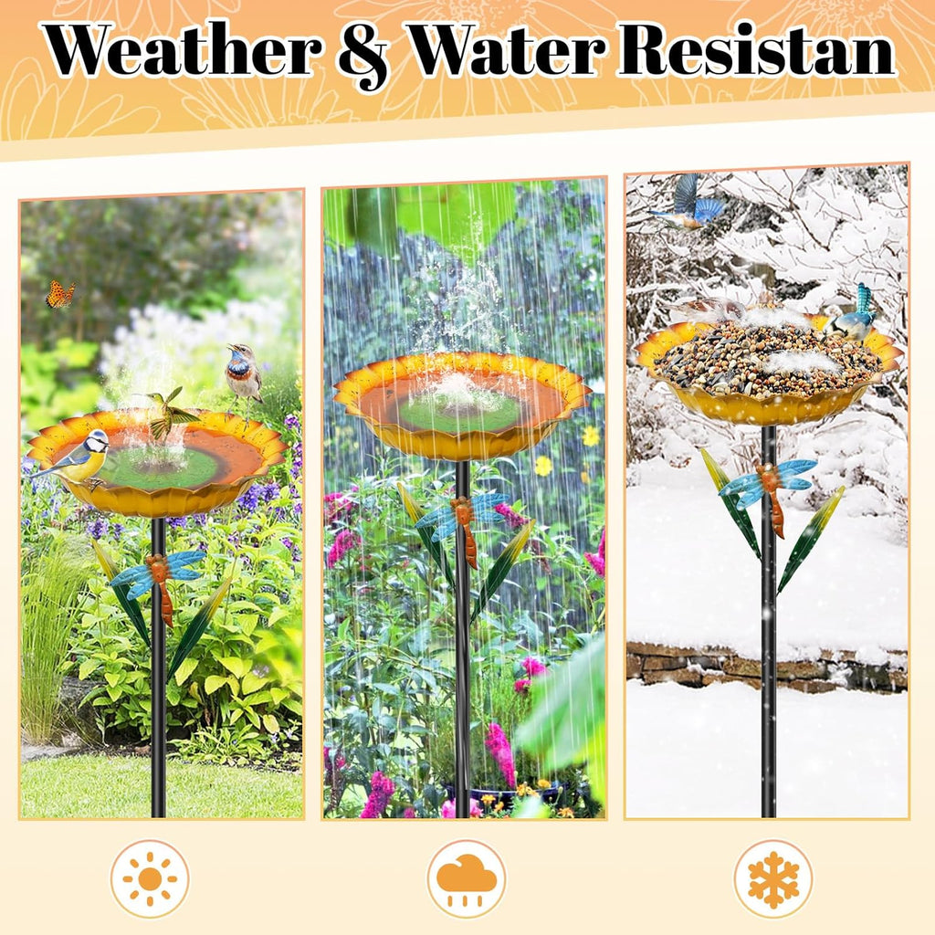 Metal Sunflower Bird Baths for Outside, 2” Deep x 10.2" W Vintage Bird Feeder Water Bowl with 5 Prongs Base, 34” Freestanding Garden Birdbaths for Outdoors Patio Yard Lawn Art Decor Yellow