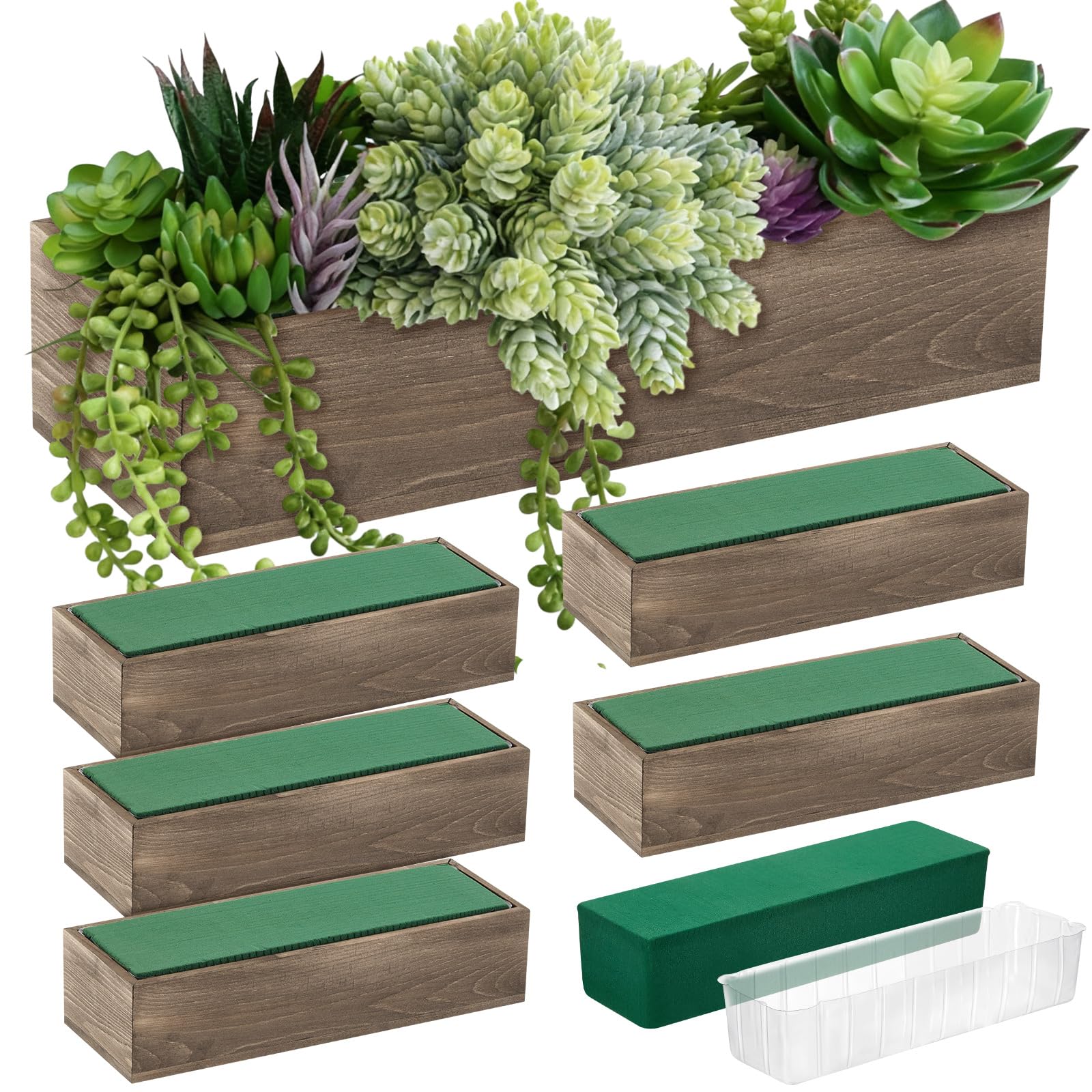 Set of 2 White 16x4 Inch Rustic Rectangle Wooden Planter Boxes with Plastic Liners Floral Foam for Wedding Christmas Home Garden Centerpiece Decor