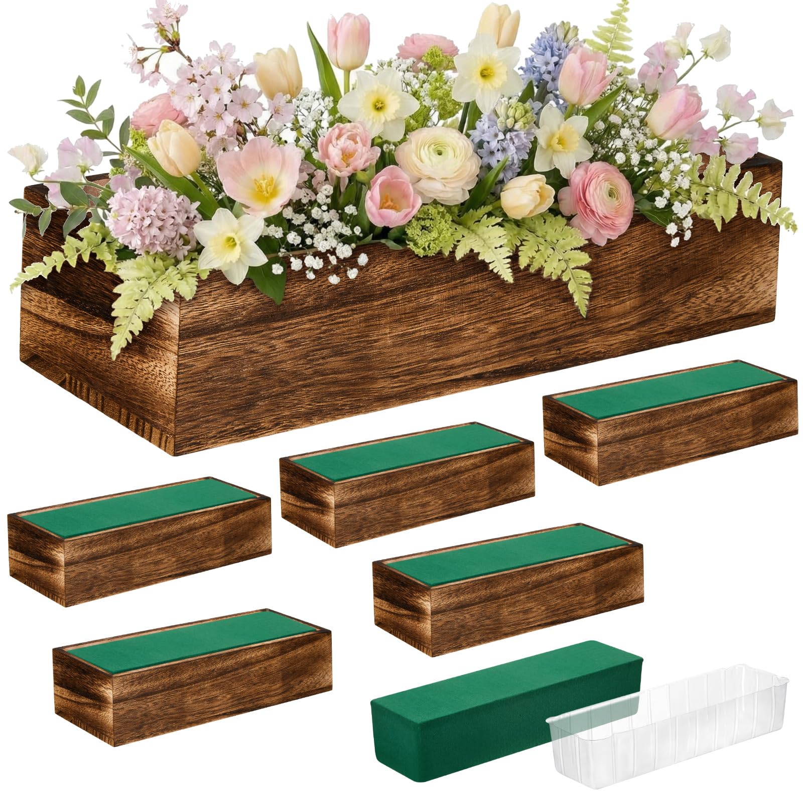 Dandat 2 Set Wood Boxes for Centerpieces 16x4 Inch Rectangle Wooden Planter Box Rustic Wood Planter with Removable Plastic Liner Floral Foam Blocks for Centerpieces Home Wedding Garden Decor