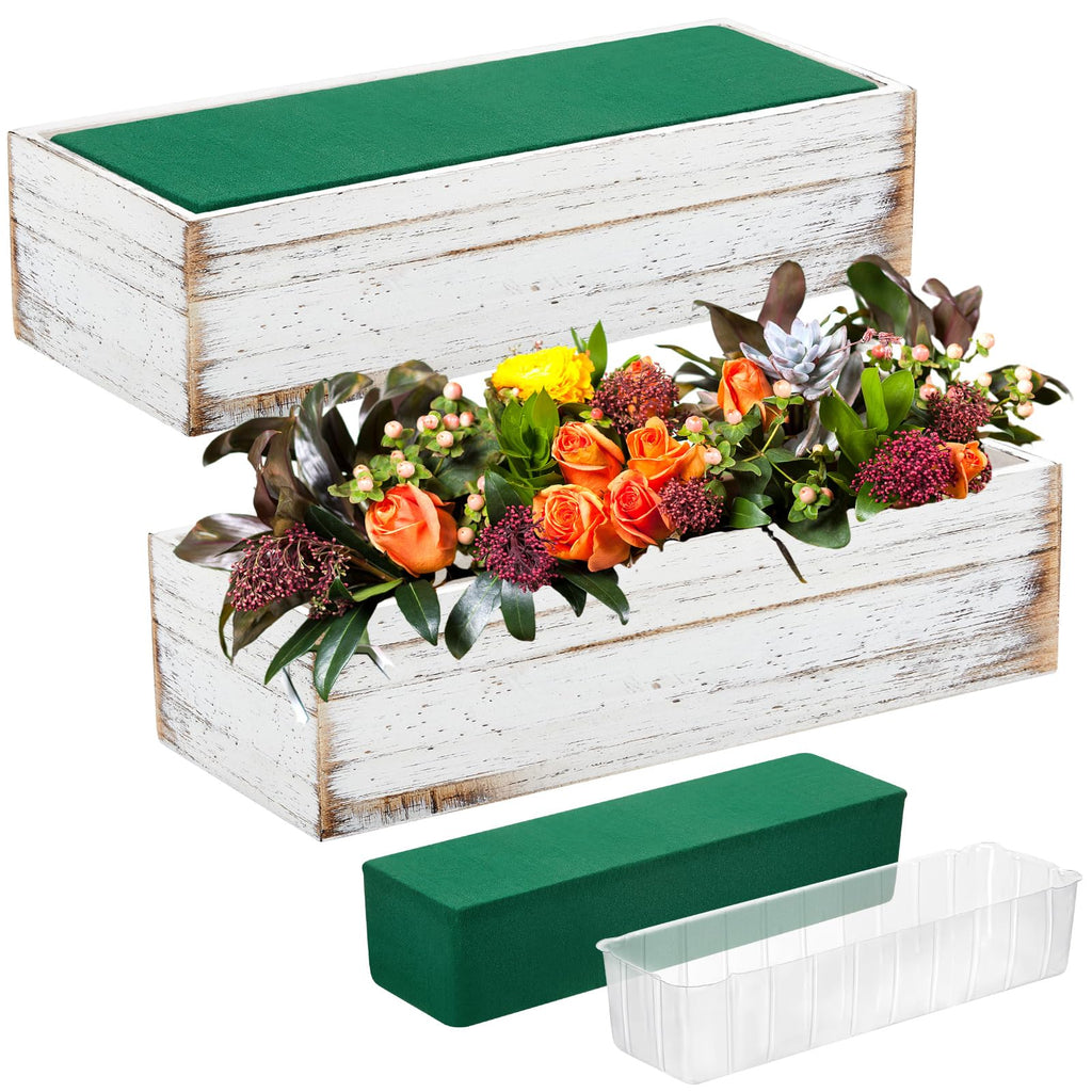 Set of 2 White 16x4 Inch Rustic Rectangle Wooden Planter Boxes with Plastic Liners Floral Foam for Wedding Christmas Home Garden Centerpiece Decor