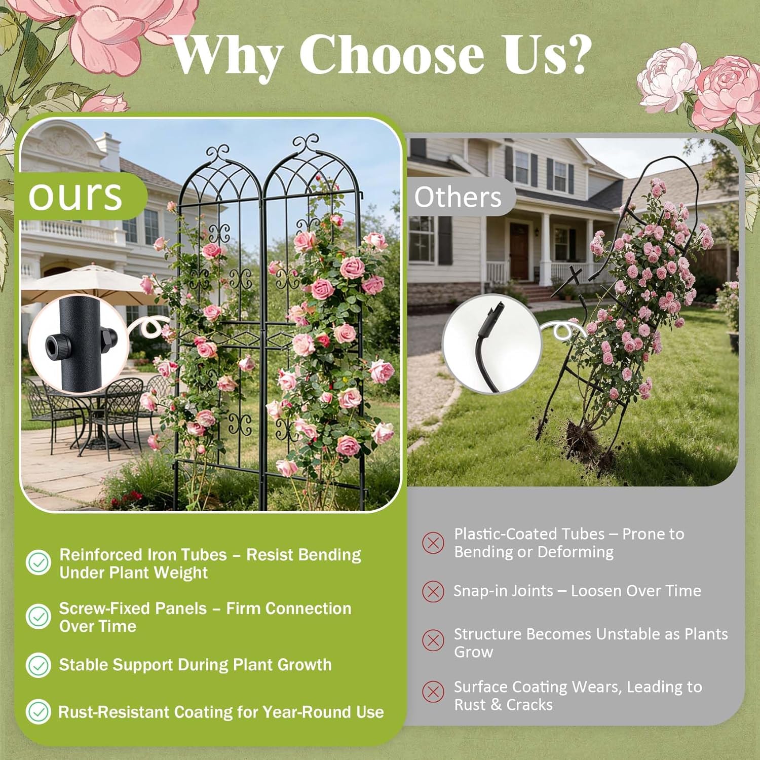 HIHADUUM 2 Pack 70.8" H x 19.7" W Arched Metal Garden Trellis for Climbing Plants Outdoor - Tall Rust-Resistant Decorative Climbing Rose Trellis Perfect for Roses, Vines, Vegetables, Flowers, Black
