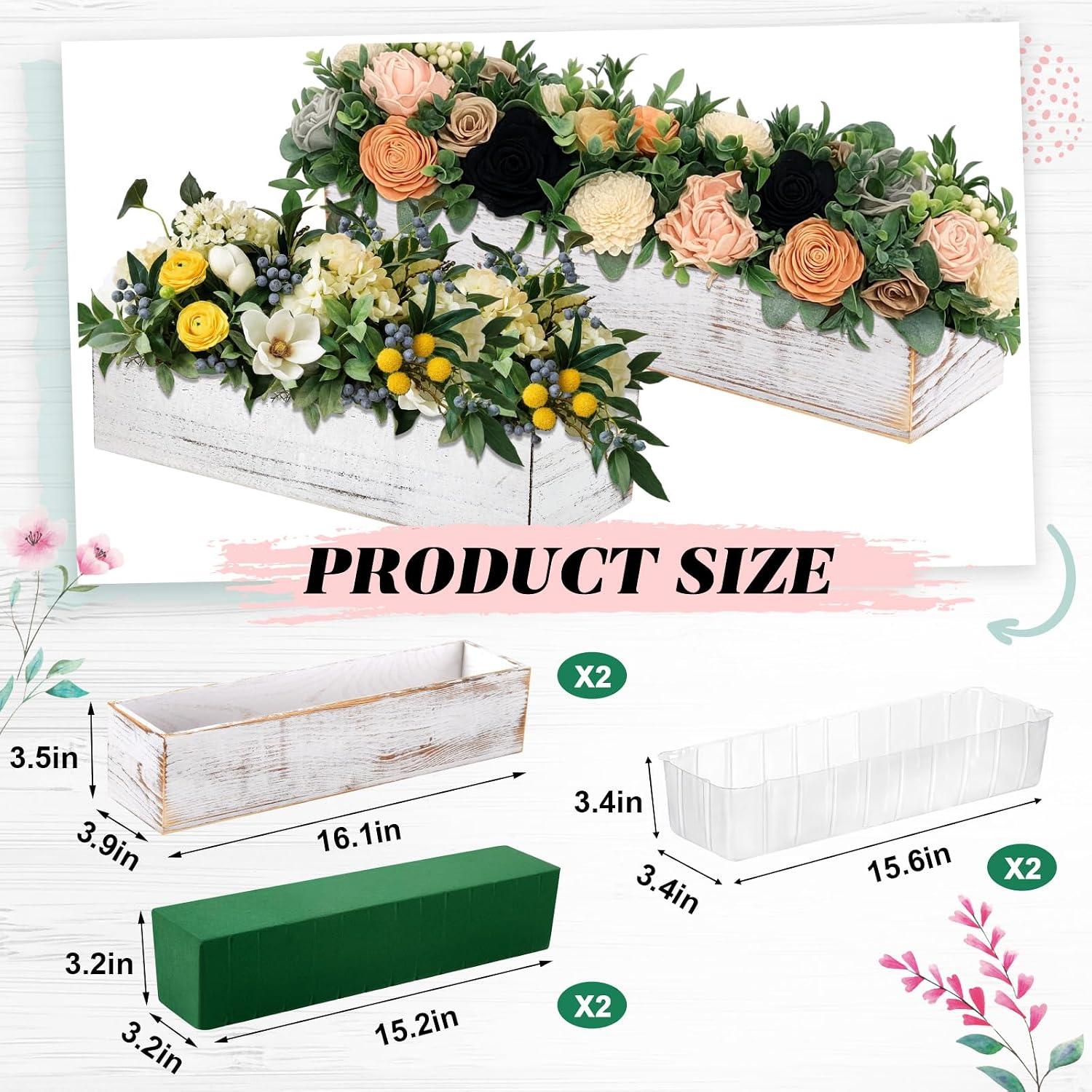 Set of 2 White 16x4 Inch Rustic Rectangle Wooden Planter Boxes with Plastic Liners Floral Foam for Wedding Christmas Home Garden Centerpiece Decor