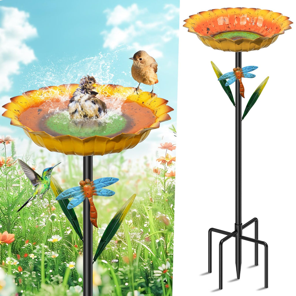 Metal Sunflower Bird Baths for Outside, 2” Deep x 10.2" W Vintage Bird Feeder Water Bowl with 5 Prongs Base, 34” Freestanding Garden Birdbaths for Outdoors Patio Yard Lawn Art Decor Yellow