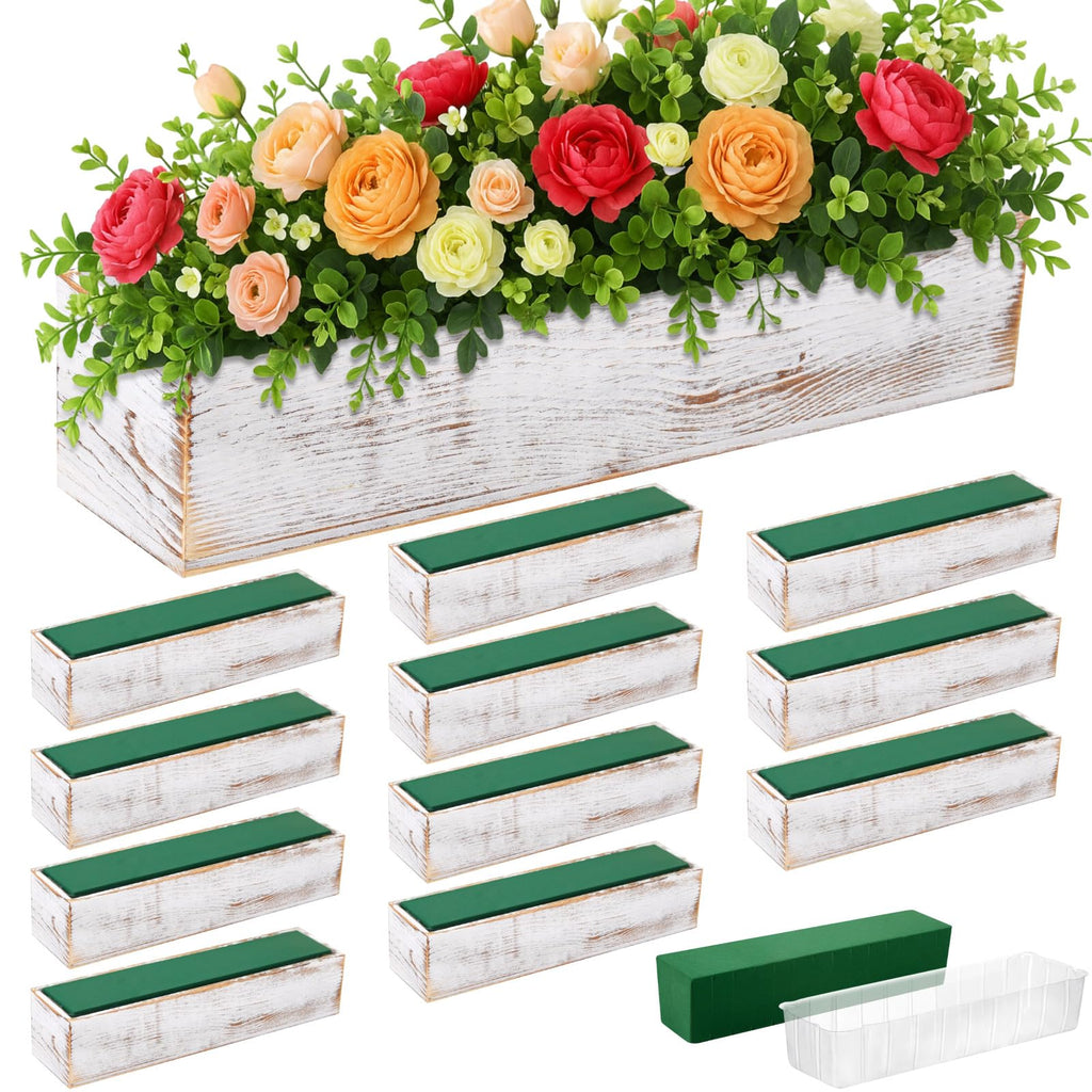Set of 2 White 16x4 Inch Rustic Rectangle Wooden Planter Boxes with Plastic Liners Floral Foam for Wedding Christmas Home Garden Centerpiece Decor
