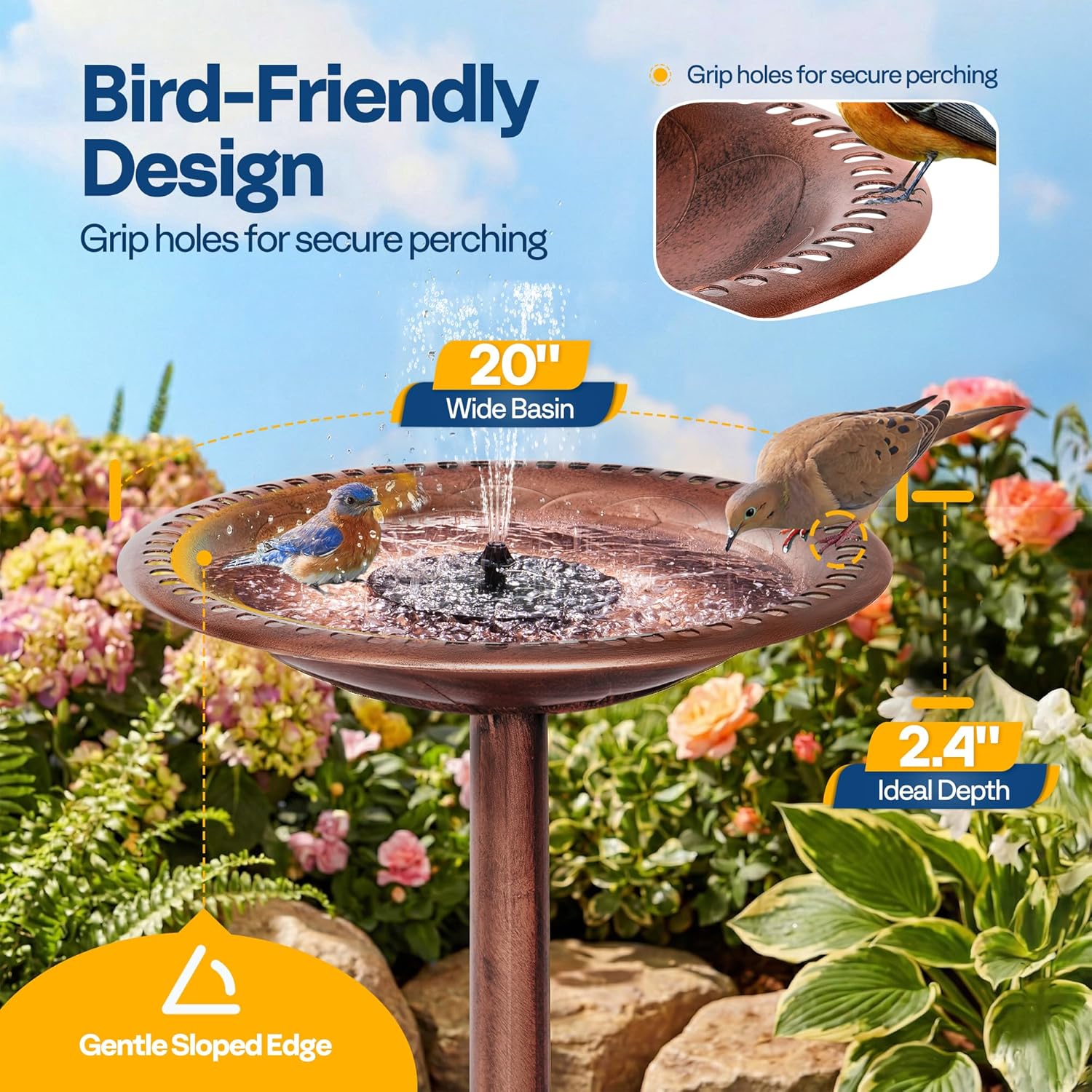 VIVOHOME Bird Bath with Solar Fountain for Outside, Polyresin Pedestal Bird Baths with Solar Powered Pump for Outdoor, Garden, Weather-Resistant Birdbaths with 20" Bowl, Bronze