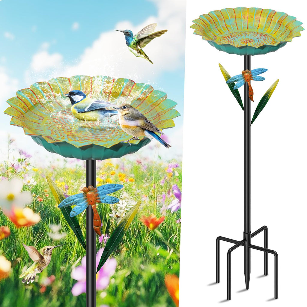 Metal Sunflower Bird Baths for Outside, 2” Deep x 10.2" W Vintage Bird Feeder Water Bowl with 5 Prongs Base, 34” Freestanding Garden Birdbaths for Outdoors Patio Yard Lawn Art Decor Yellow