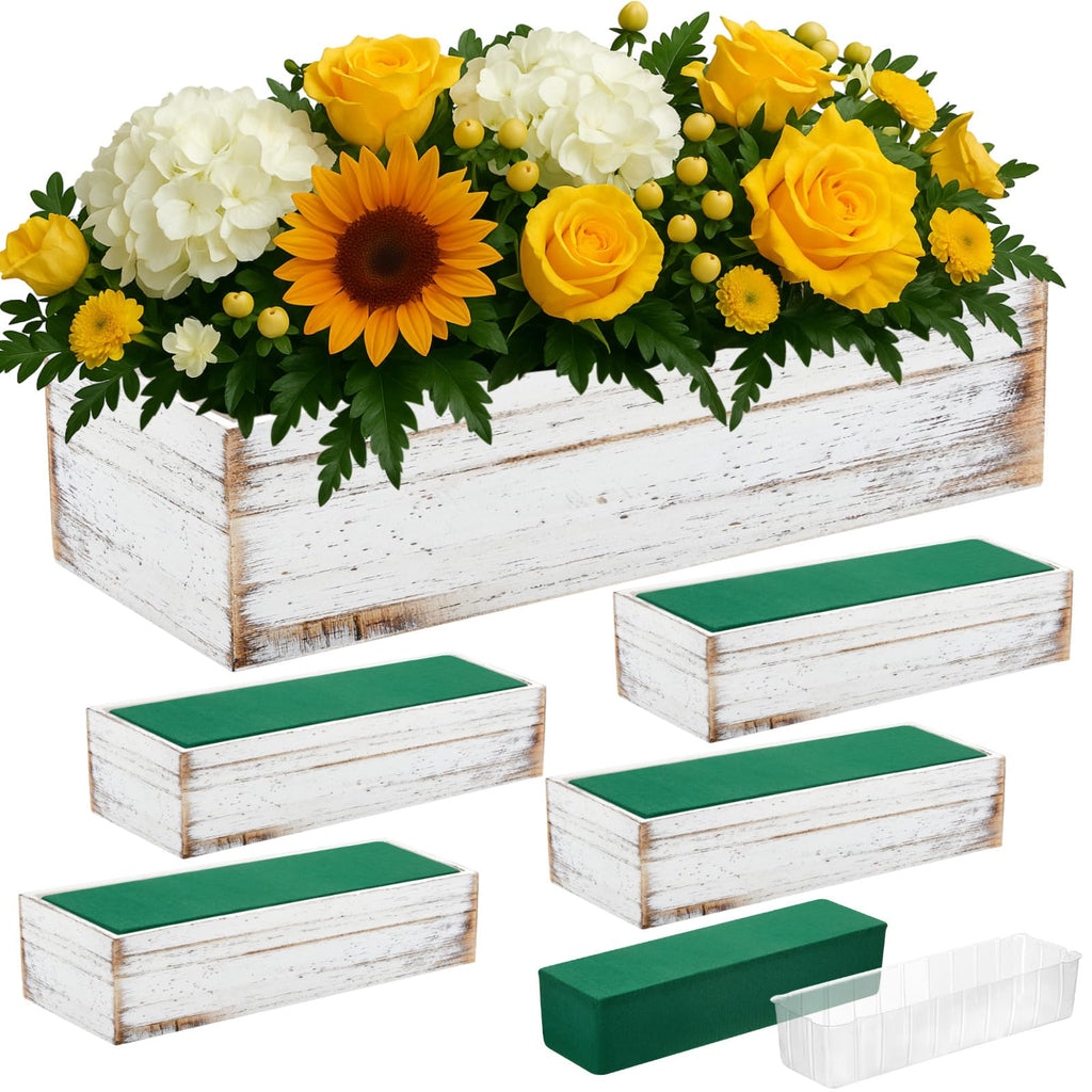 Set of 2 White 16x4 Inch Rustic Rectangle Wooden Planter Boxes with Plastic Liners Floral Foam for Wedding Christmas Home Garden Centerpiece Decor