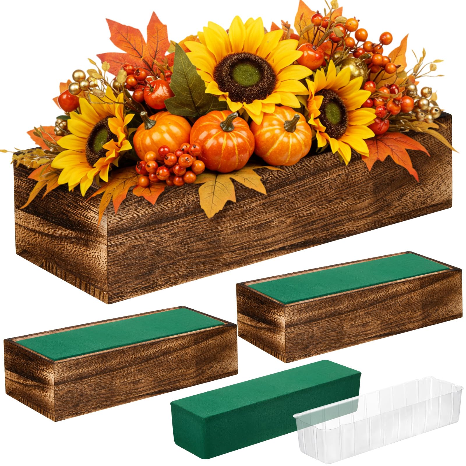 Dandat 2 Set Wood Boxes for Centerpieces 16x4 Inch Rectangle Wooden Planter Box Rustic Wood Planter with Removable Plastic Liner Floral Foam Blocks for Centerpieces Home Wedding Garden Decor