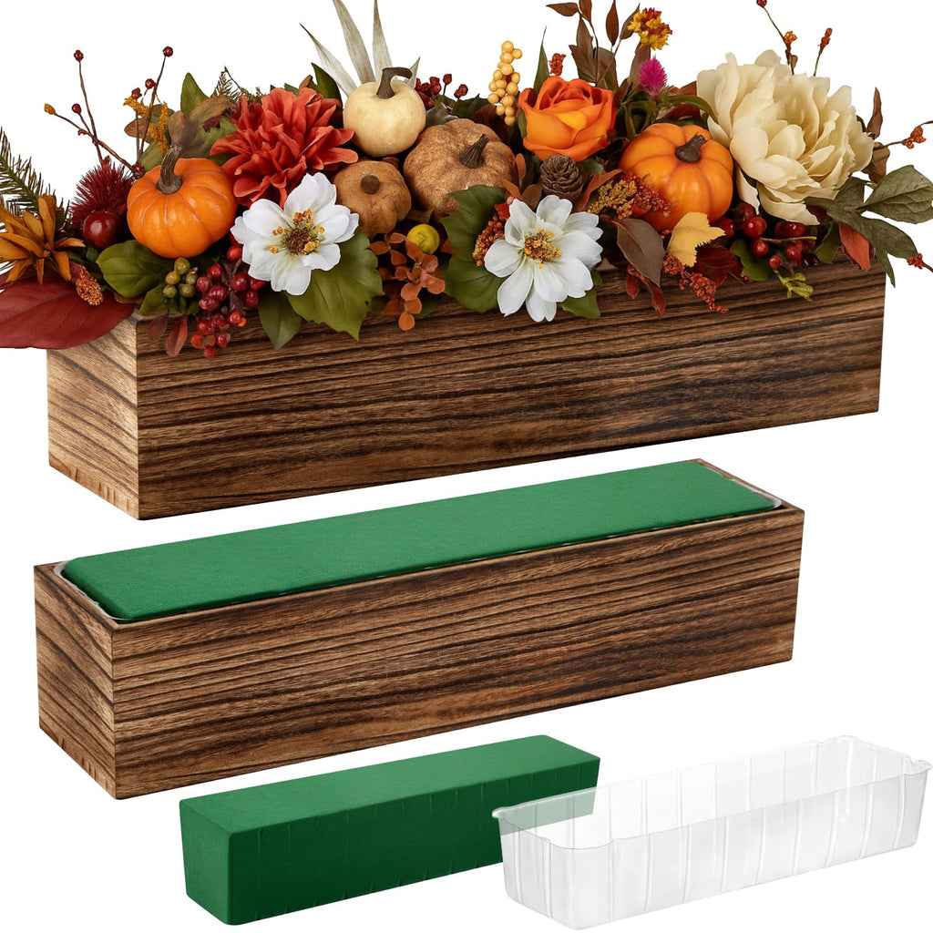 Dandat 4 Set Wood Boxes for Centerpieces 12x4 Inch Rectangle Wooden Planter Box Rustic Wood Planter with Removable Plastic Liner Floral Foam Blocks for Centerpieces Home Wedding Garden Decor