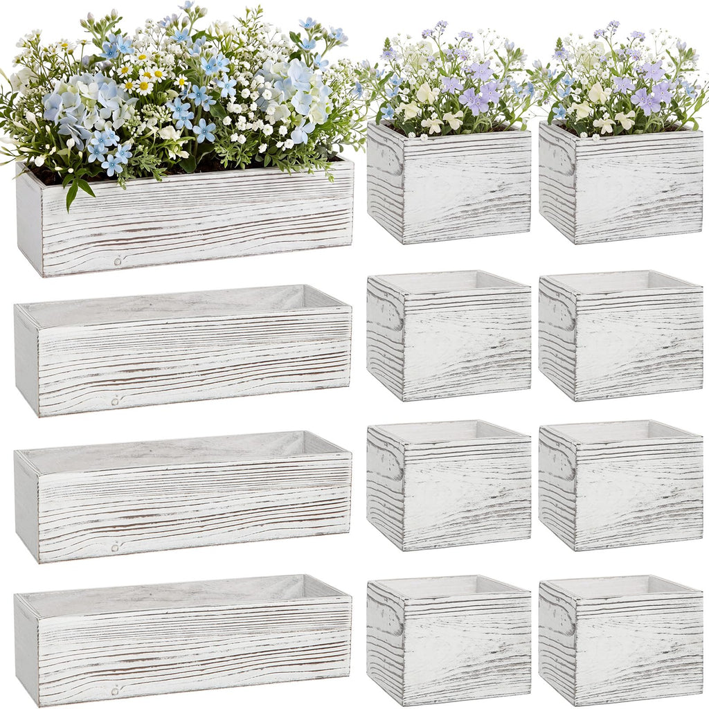 Leinuosen 12 Wooden Planter Boxes Set, 4 Pcs 12 x 4 Inch Rectangle Wood Planter Box 8 Pcs 4 x 4 Inch Wooden Cube Flower Pots Rustic Square Wood Vase for Centerpiece Wedding Decoration(Classic,Brown)