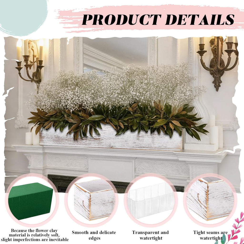 Set of 2 White 16x4 Inch Rustic Rectangle Wooden Planter Boxes with Plastic Liners Floral Foam for Wedding Christmas Home Garden Centerpiece Decor