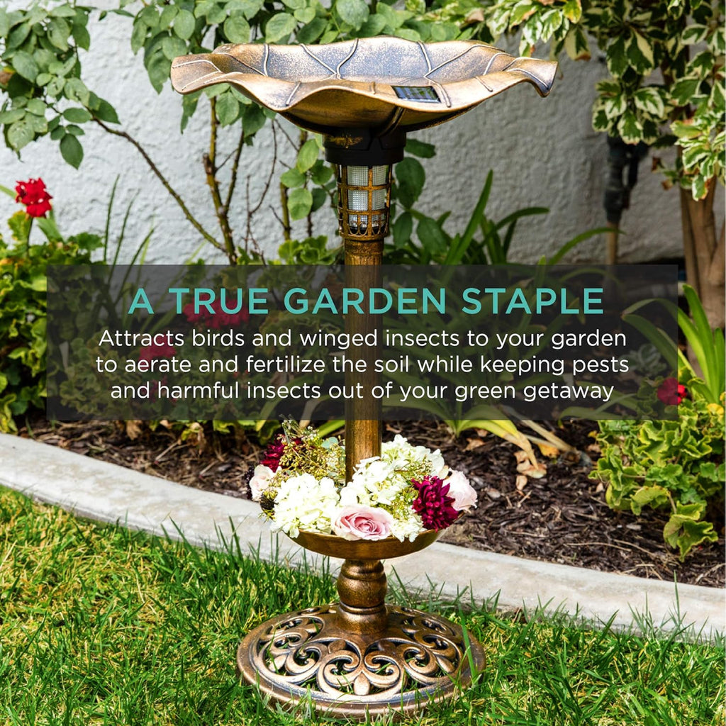 Best Choice Products Outdoor Solar Lighted Pedestal Bird Bath Fountain Decoration w/Planter, Integrated Panel, Scroll Accents for Lawn, Garden - Bronze