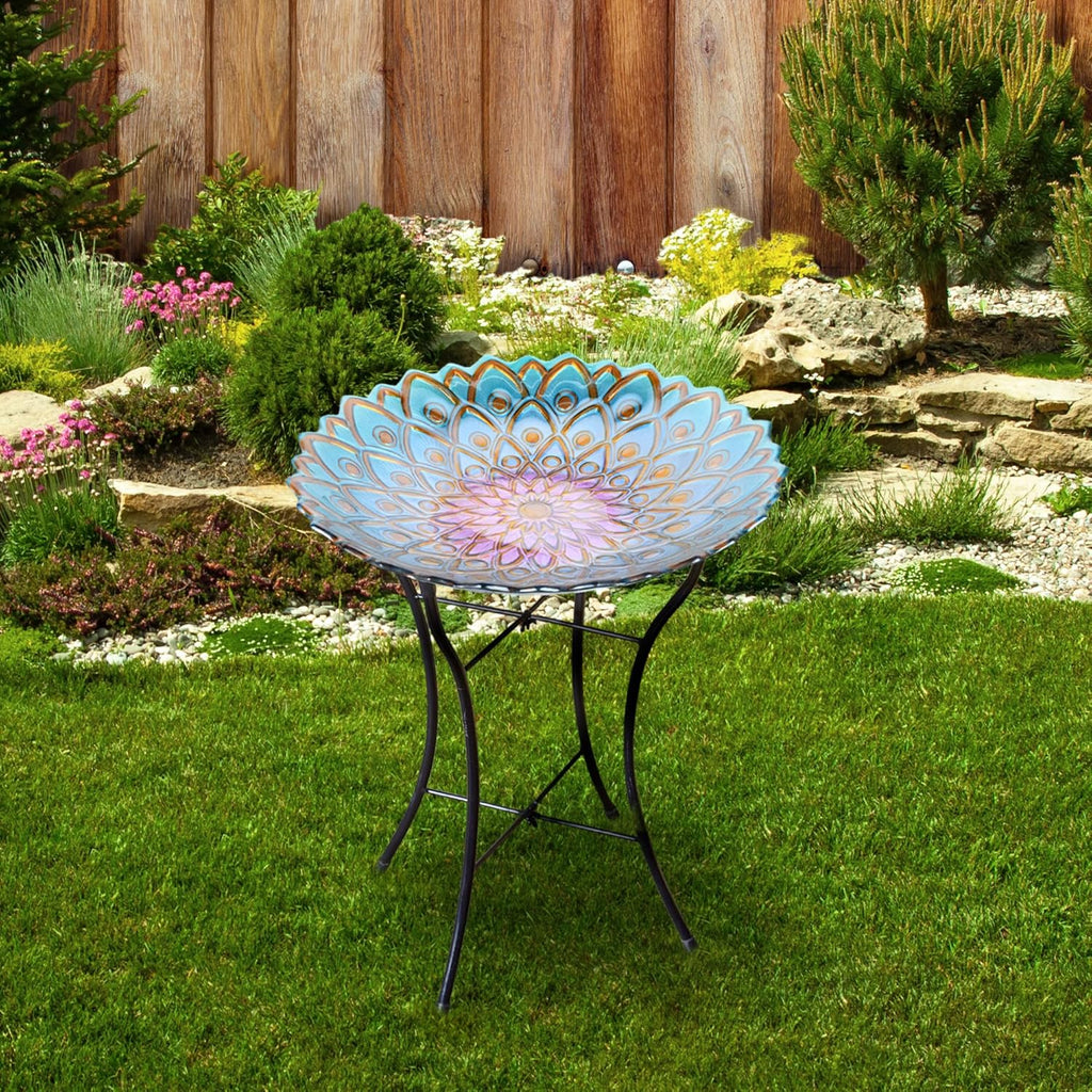 Teamson Home Handpainted Mosaic Flower Fusion Glass Pedestal Bird Bath for Outdoor Patio Garden Backyard Decking Décor, 21 inch Height, Blue and Purple