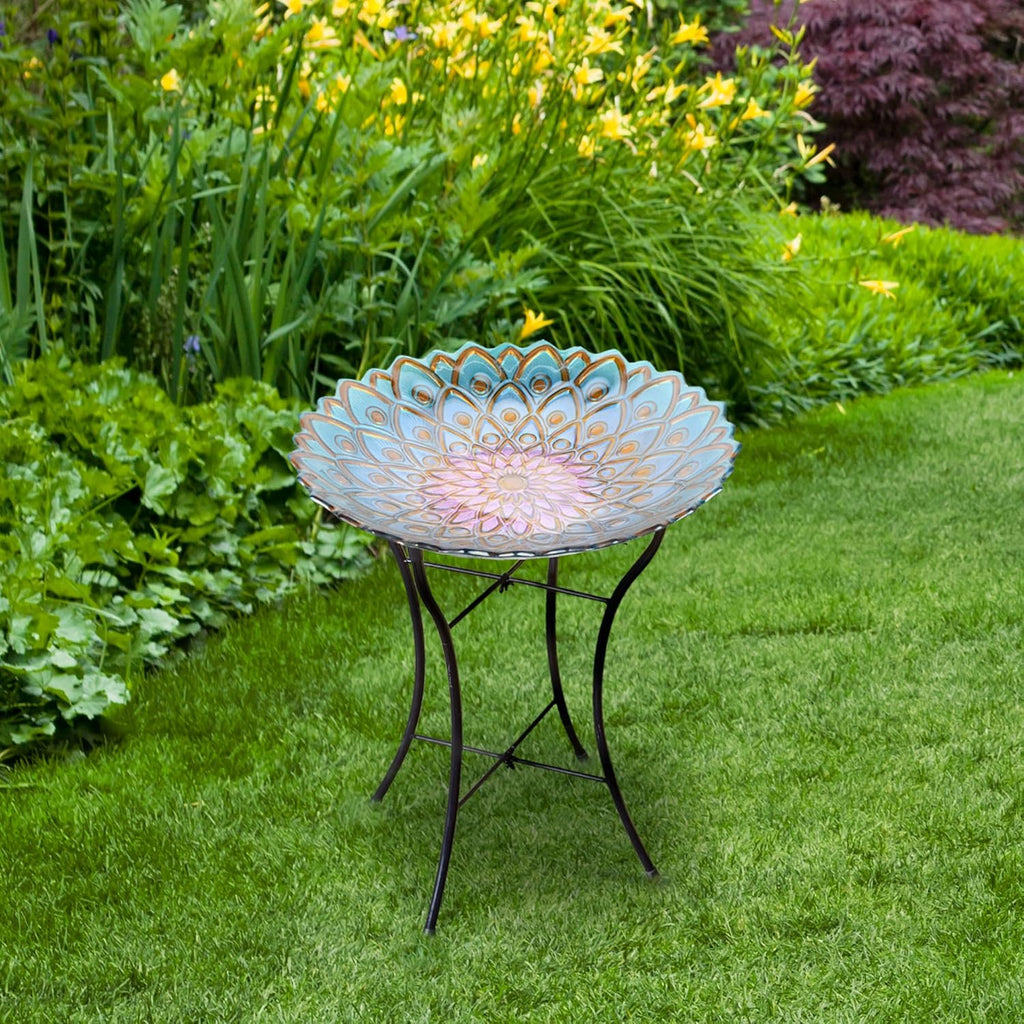 Teamson Home Handpainted Mosaic Flower Fusion Glass Pedestal Bird Bath for Outdoor Patio Garden Backyard Decking Décor, 21 inch Height, Blue and Purple