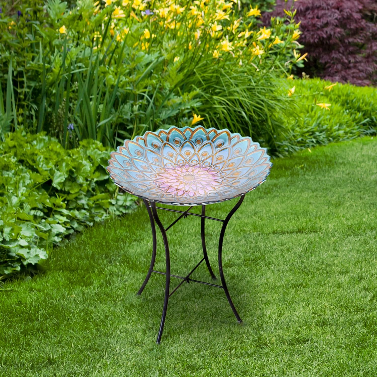 Teamson Home Handpainted Mosaic Flower Fusion Glass Pedestal Bird Bath for Outdoor Patio Garden Backyard Decking Décor, 21 inch Height, Blue and Purple